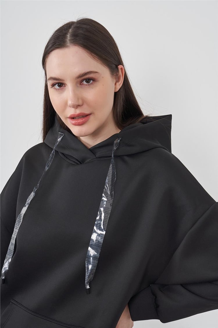 Çetinkaya Fithit Dalgıç Kumaş Siyah Kapüşonlu Sweatshirt