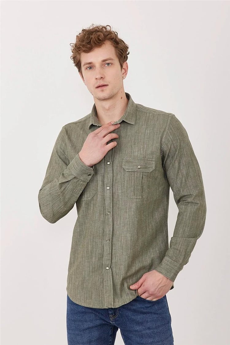 Çetinkaya Mentality 2035 Slim Fit Uzun Kollu Yeşil Gömlek