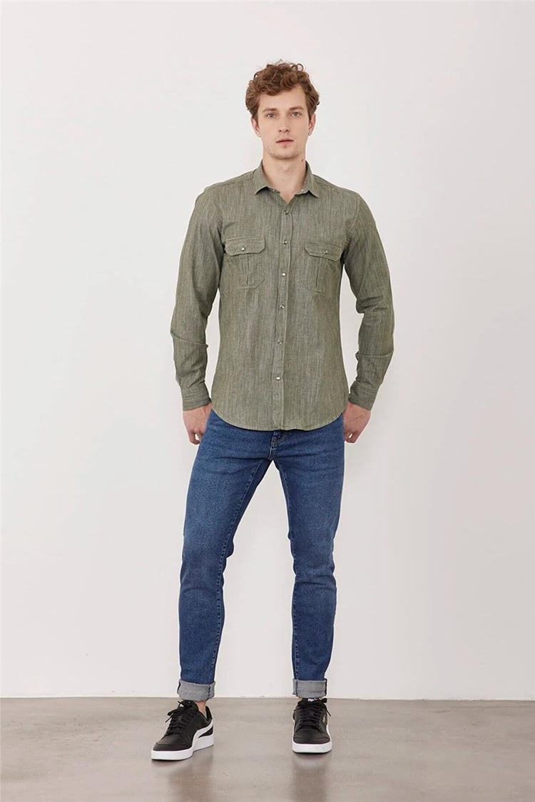 Çetinkaya Mentality 2035 Slim Fit Uzun Kollu Yeşil Gömlek