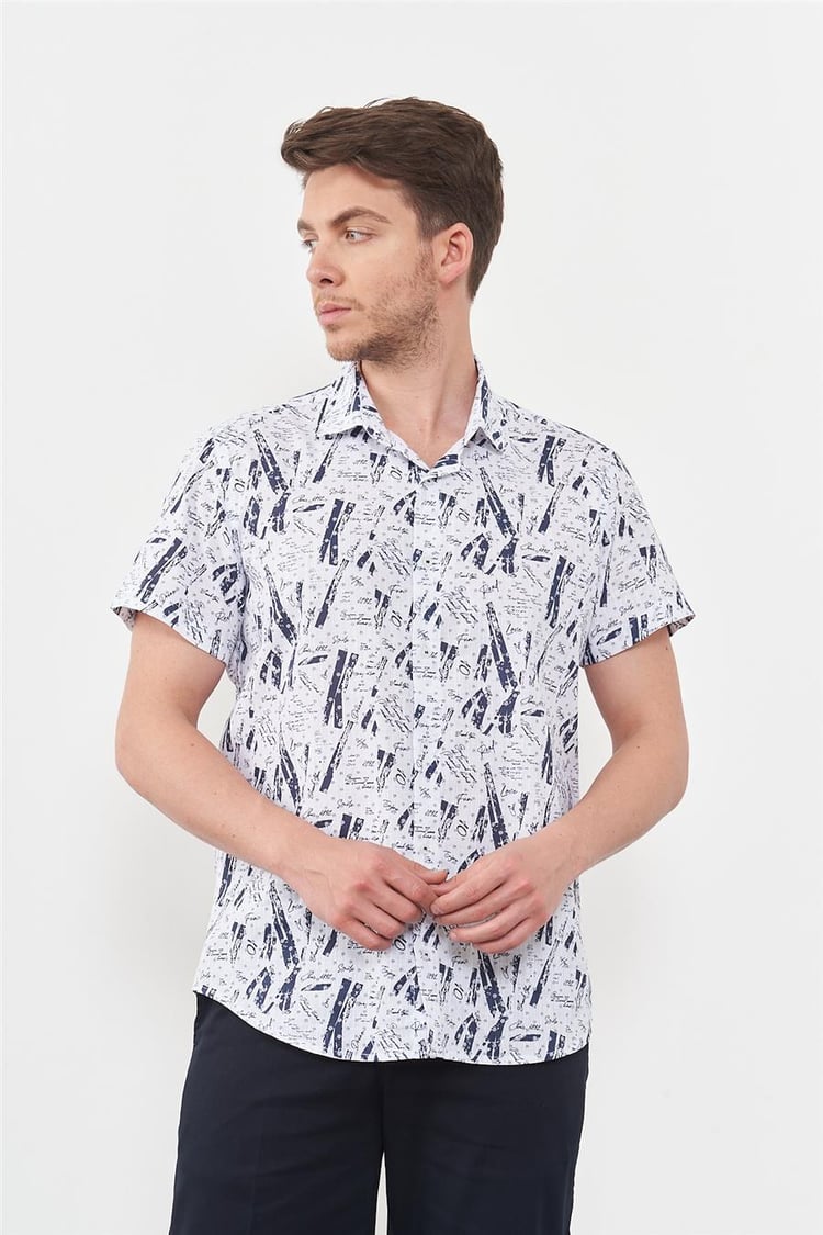 Çetinkaya Mentality 2373 Slimfit Kısa Kol Desenli Gömlek Lacivert
