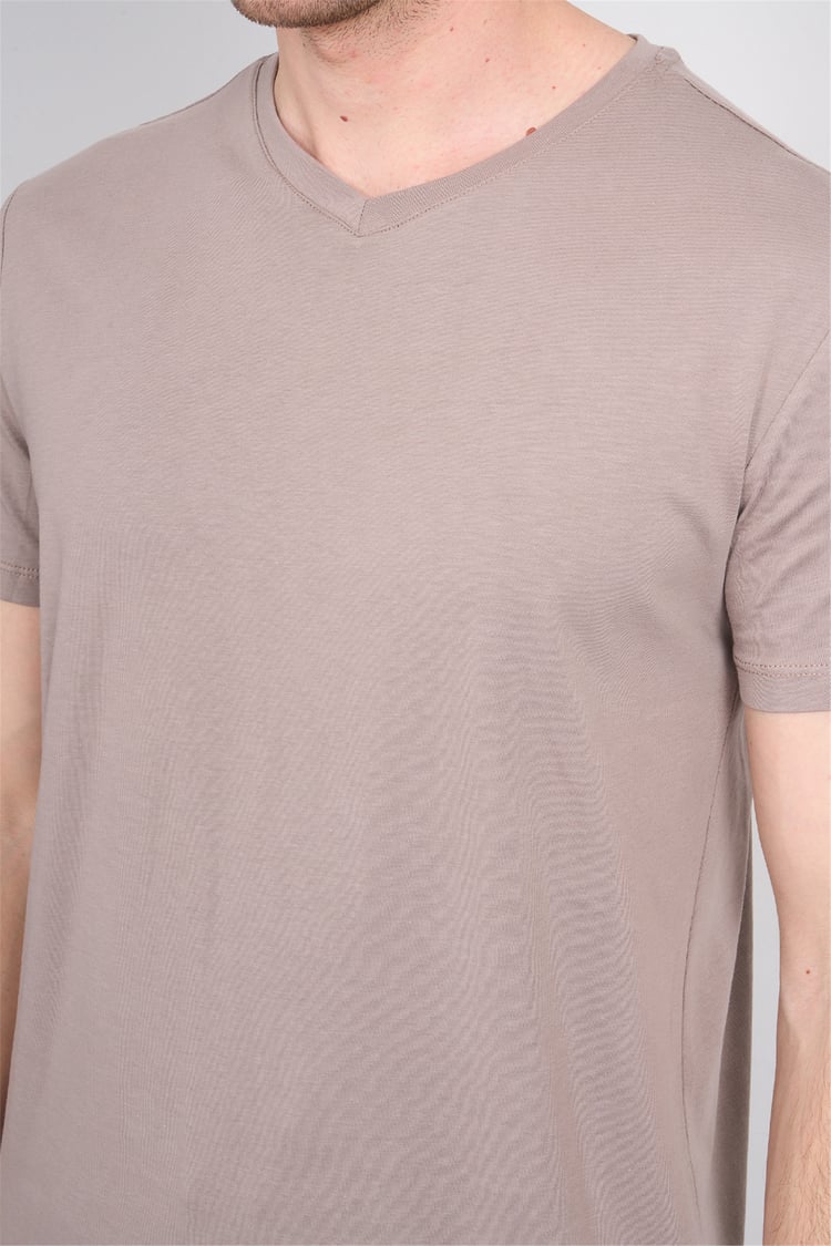 Çetinkaya Mentality 2772 V Yaka Slimfit Basic T-shirt Koyu Vizon