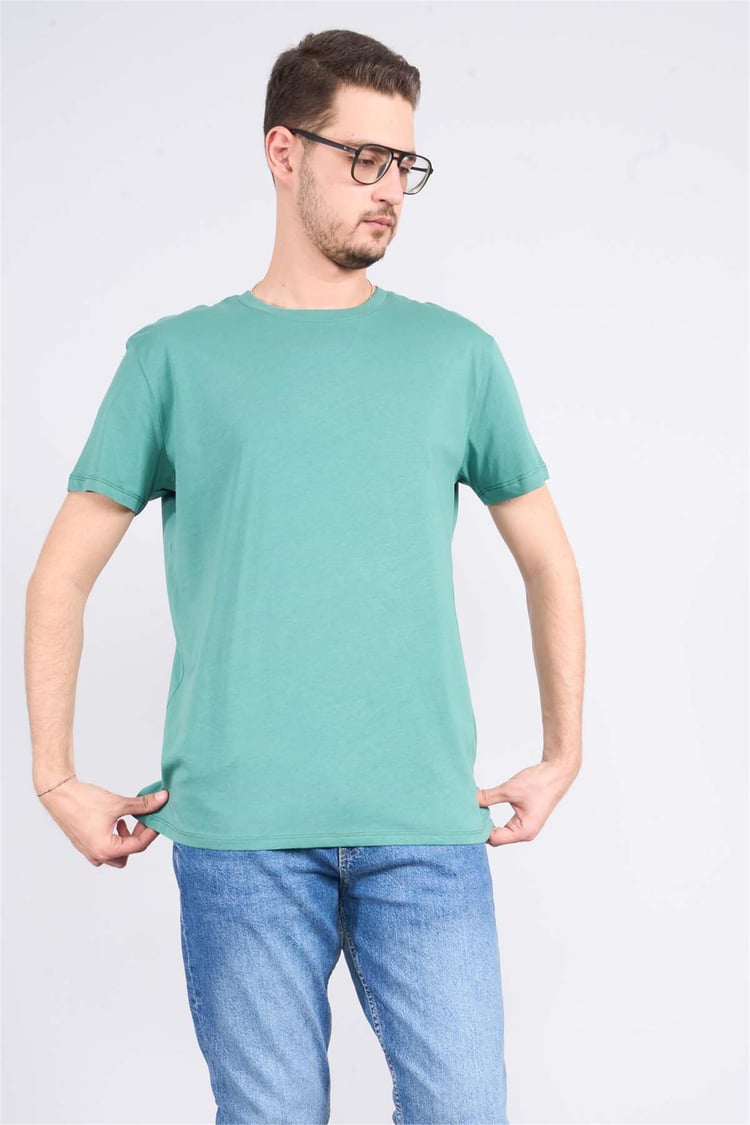 Çetinkaya Mentality 2772B Bisiklet Yaka Süprem Slim Fit Mavi-Yeşil T-shirt