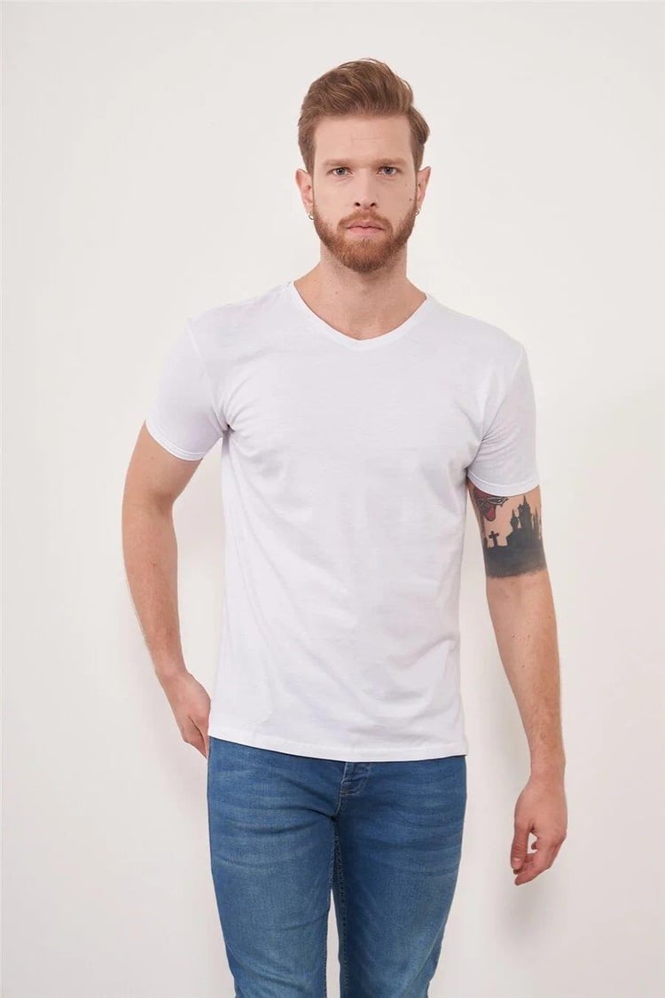 Çetinkaya Mentality 2772Büyük Beden -S V Yaka Açık Basic T-Shirt Beyaz %100 Pamuk