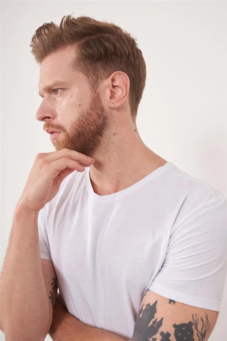Çetinkaya Mentality 2772Büyük Beden -S V Yaka Açık Basic T-Shirt Beyaz %100 Pamuk
