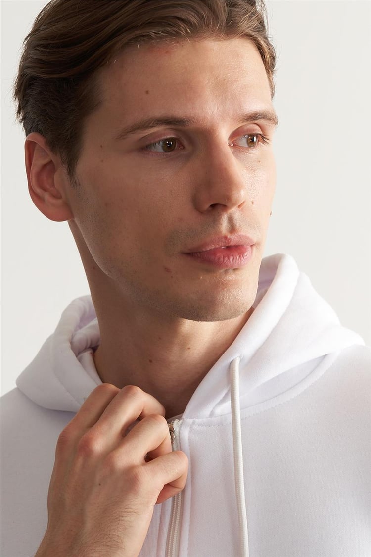 Çetinkaya Mentality 3034 3 İp Kapşonlu Fermuarlı Beyaz Sweatshirt