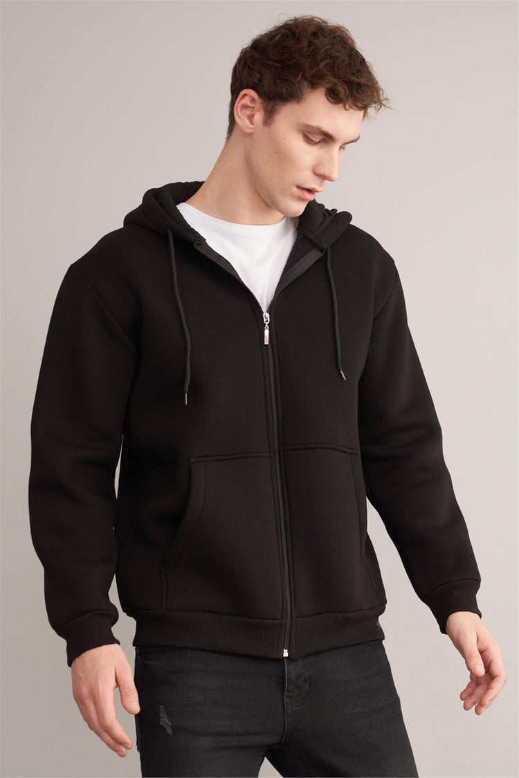 Çetinkaya Mentality 3034 Rahat Kalıp Erkek Siyah Fermuarlı Sweatshirt