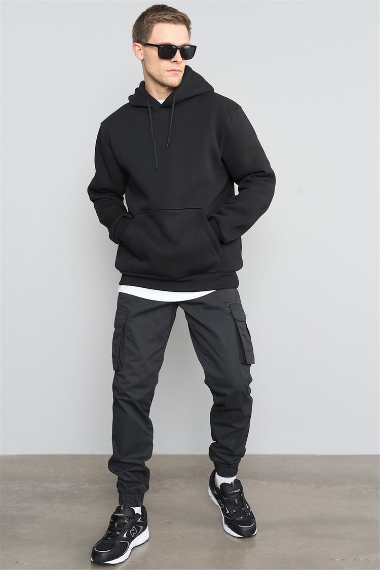 Çetinkaya Mentality 3035 3 İplik Kapüşonlu Siyah Sweatshirt