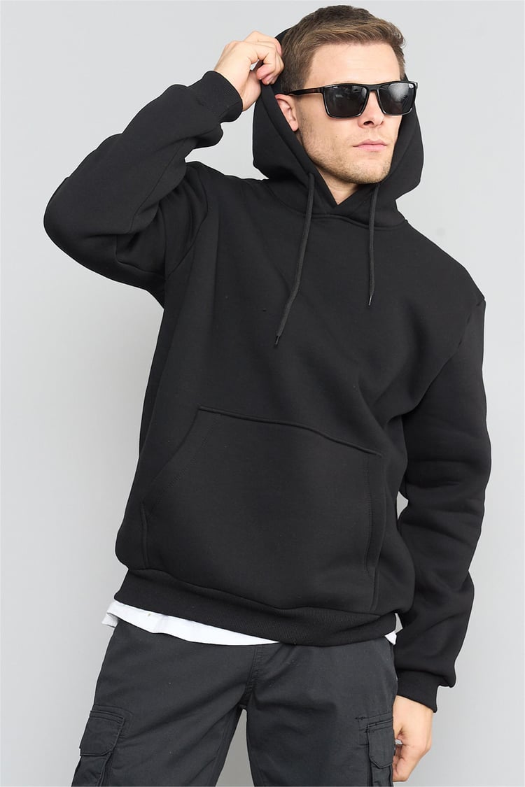 Çetinkaya Mentality 3035 3 İplik Kapüşonlu Siyah Sweatshirt