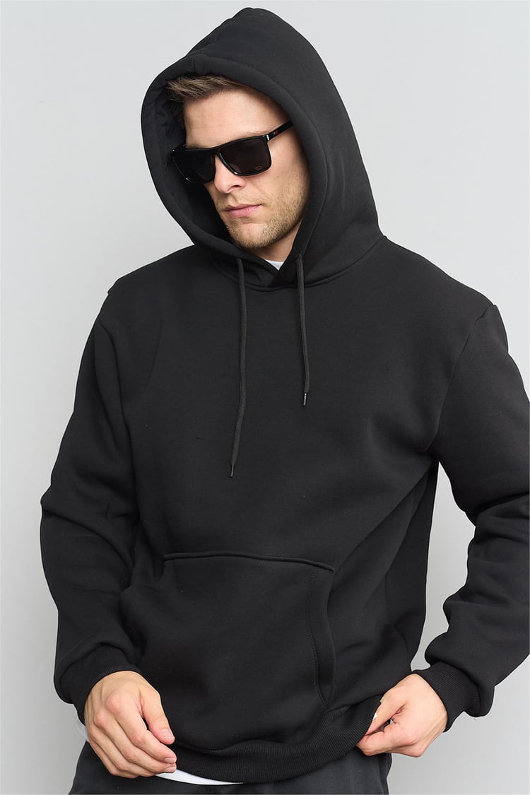 Çetinkaya Mentality 3035 3 İplik Kapüşonlu Siyah Sweatshirt