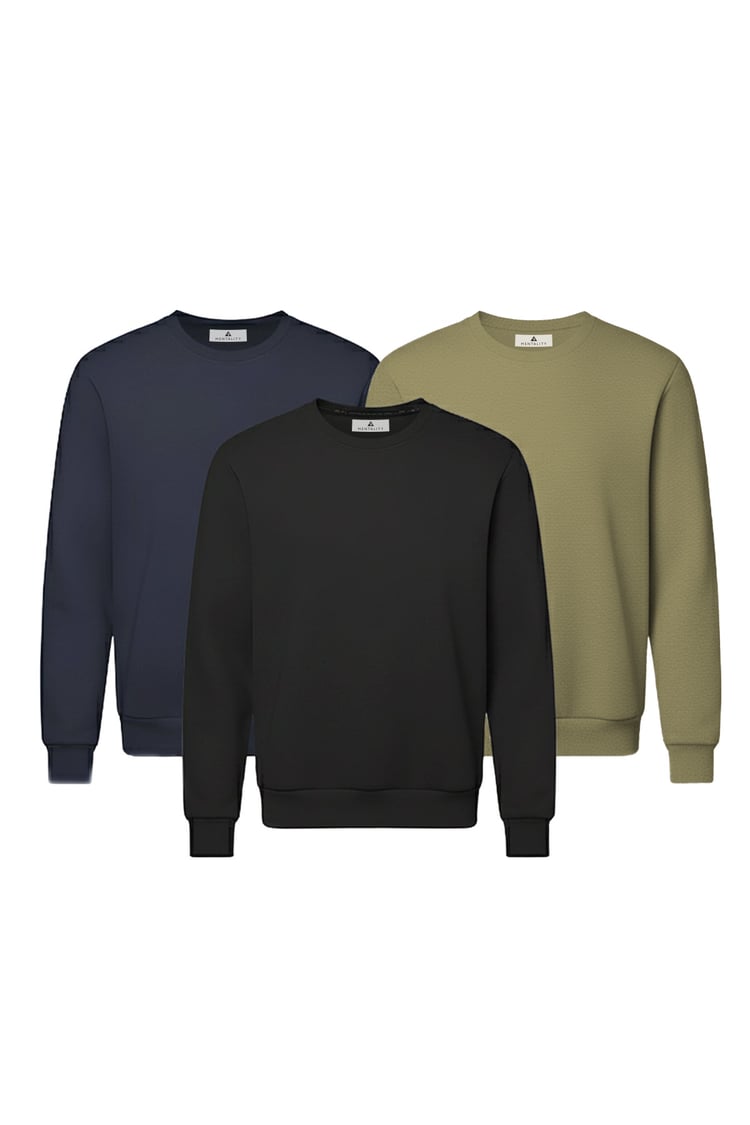 Çetinkaya Mentality 3036 3 İplik Bisiklet Yaka 3'lü Sweatshirt Seti Siyah - Haki - Lacivert