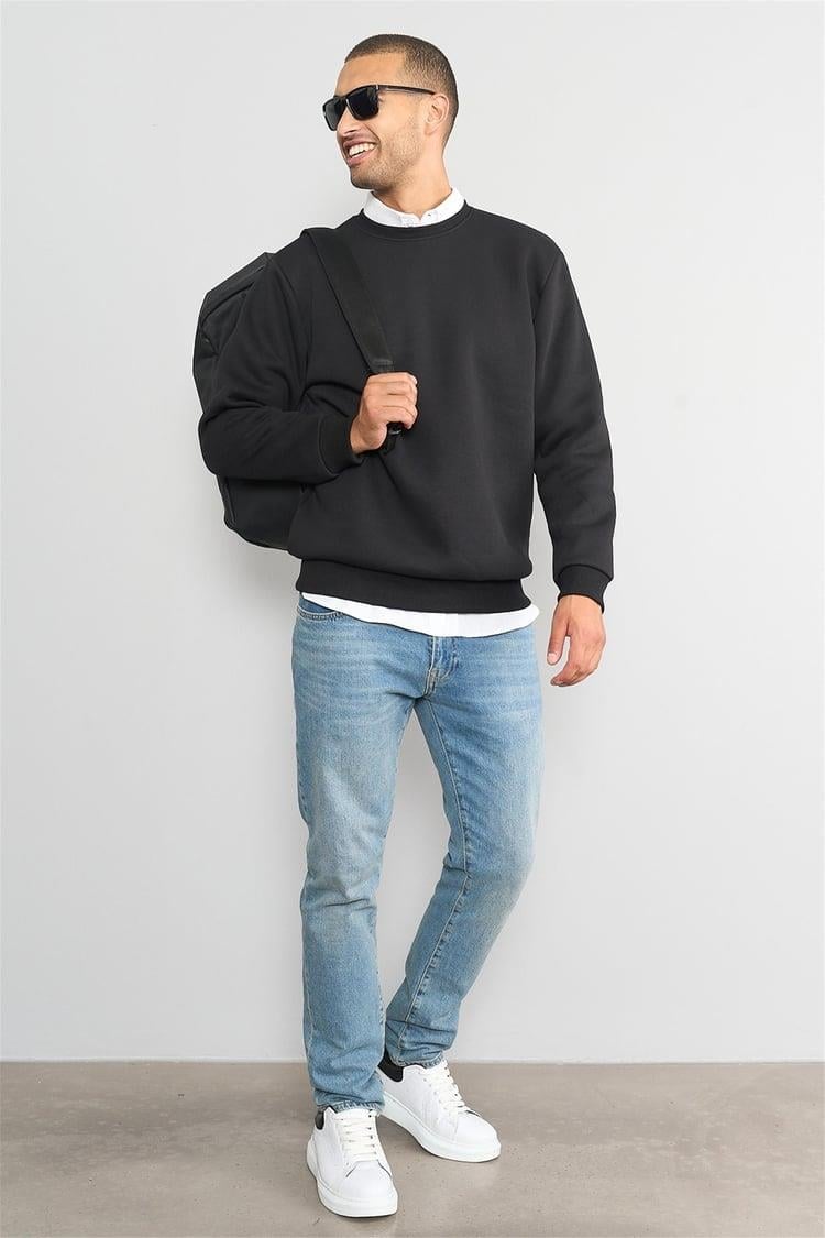 Çetinkaya Mentality 3036 3 İplik Bisiklet Yaka 3'lü Sweatshirt Seti Siyah - Lacivert - Grimelanj