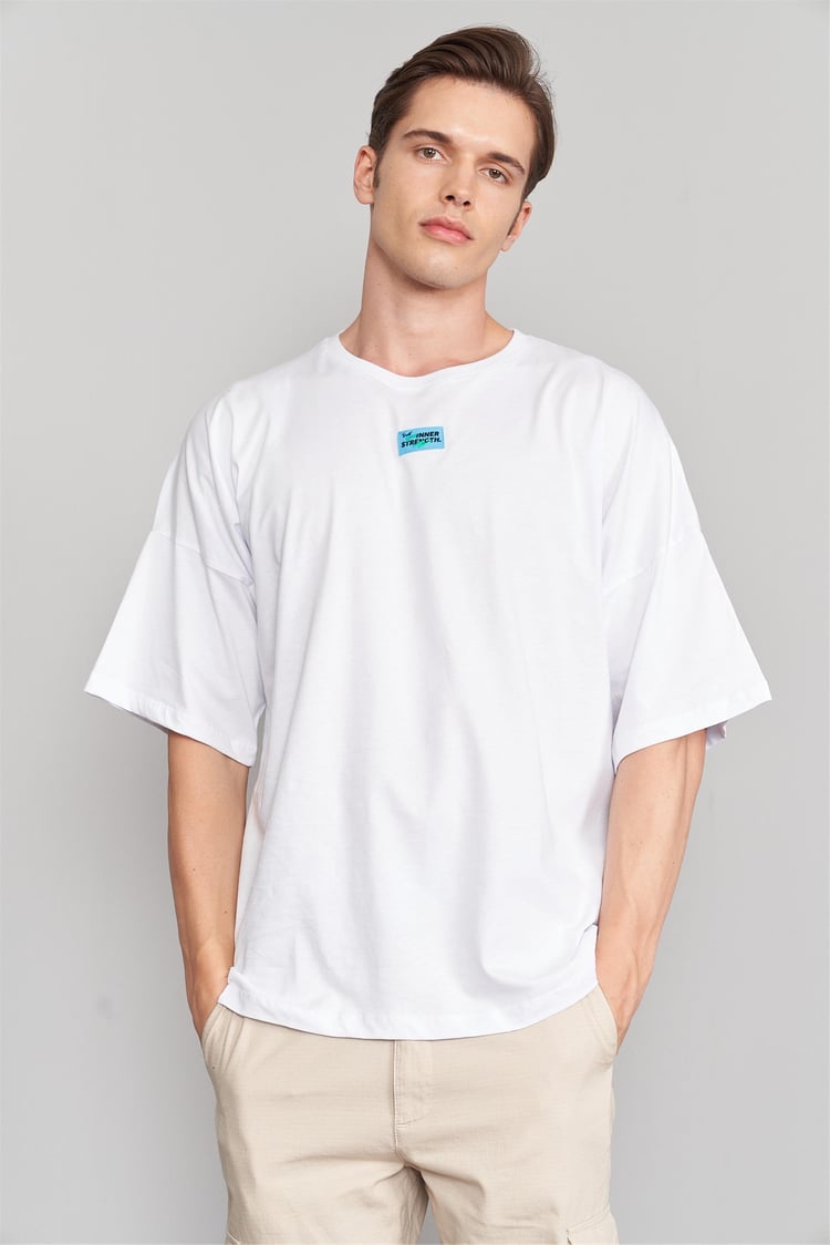 Çetinkaya Mentality 3079 Erkek Bisiklet Yaka Düşük Omuz Oversize Kalıp T-Shirt Beyaz