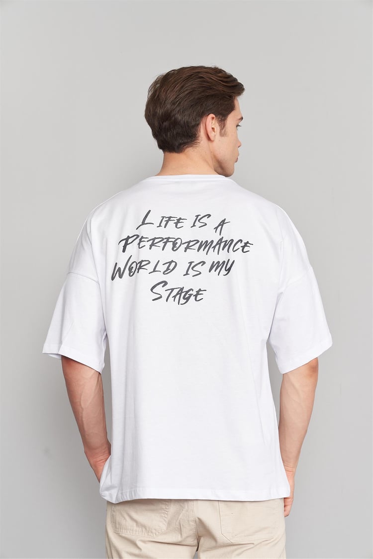 Çetinkaya Mentality 3079 Erkek Bisiklet Yaka Düşük Omuz Oversize Kalıp T-Shirt Beyaz