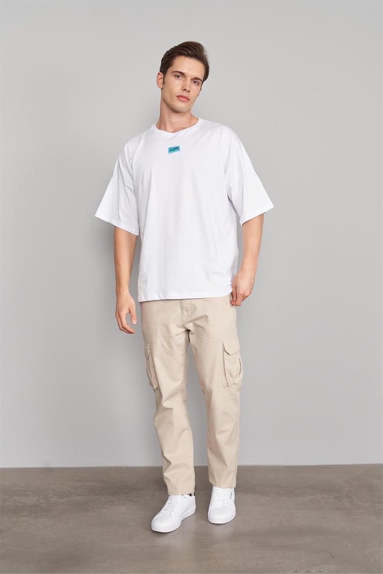 Çetinkaya Mentality 3079 Erkek Bisiklet Yaka Düşük Omuz Oversize Kalıp T-Shirt Beyaz