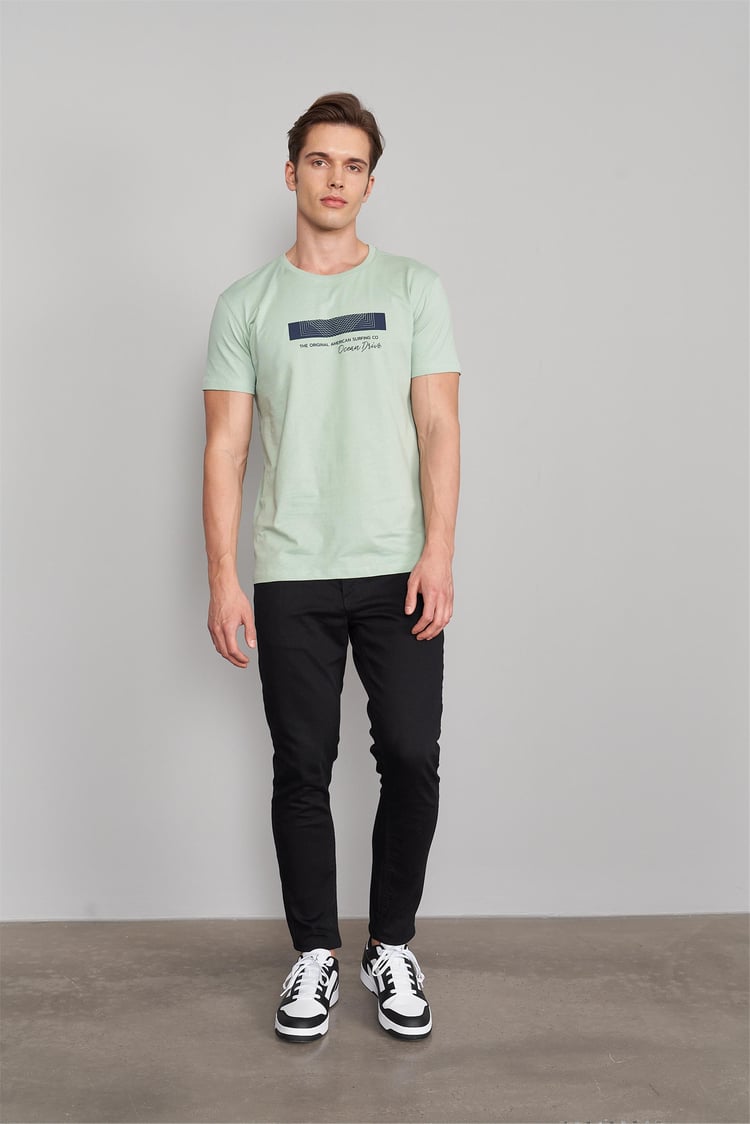 Çetinkaya Mentality 3109 Bisiklet Yaka Penye Slim Fit T-Shirt Eski Yeşil