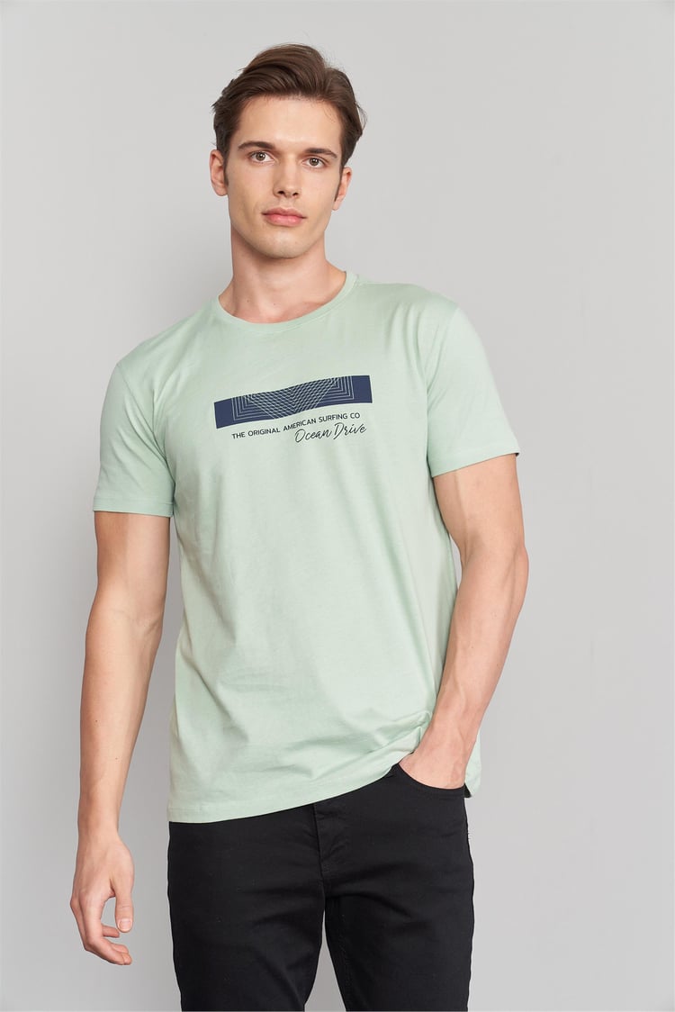 Çetinkaya Mentality 3109 Bisiklet Yaka Penye Slim Fit T-Shirt Eski Yeşil