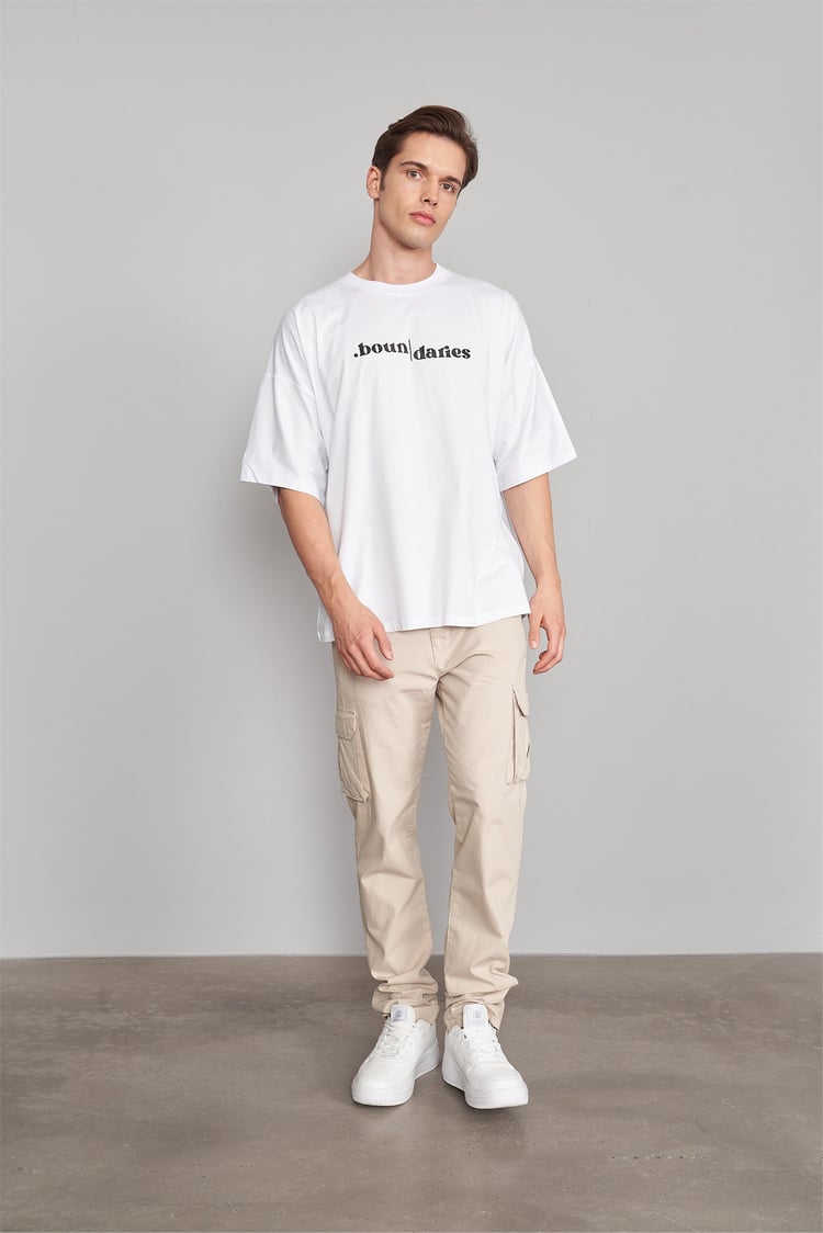 Çetinkaya Mentality 3147 Erkek Bisiklet Yaka Oversize T-Shirt Beyaz