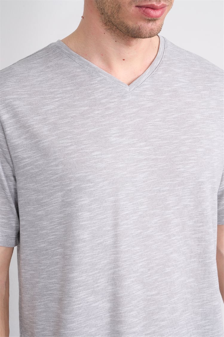 Çetinkaya Mentality 3447 V Yaka Flamlı Sıngle Jersey Regular T-shirt Gri