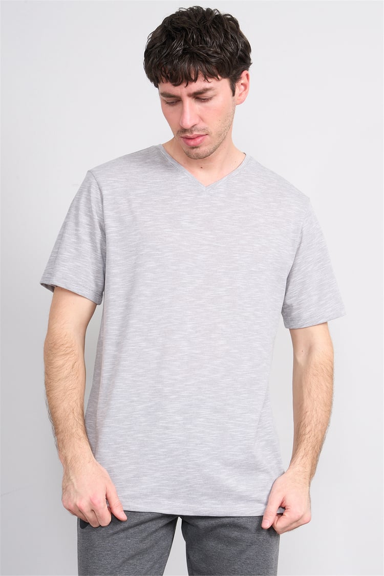 Çetinkaya Mentality 3447 V Yaka Flamlı Sıngle Jersey Regular T-shirt Gri