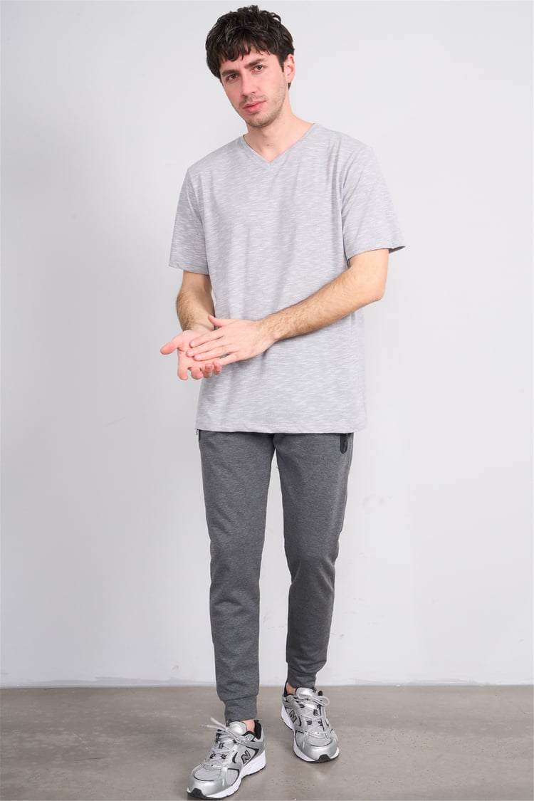 Çetinkaya Mentality 3447 V Yaka Flamlı Sıngle Jersey Regular T-shirt Gri