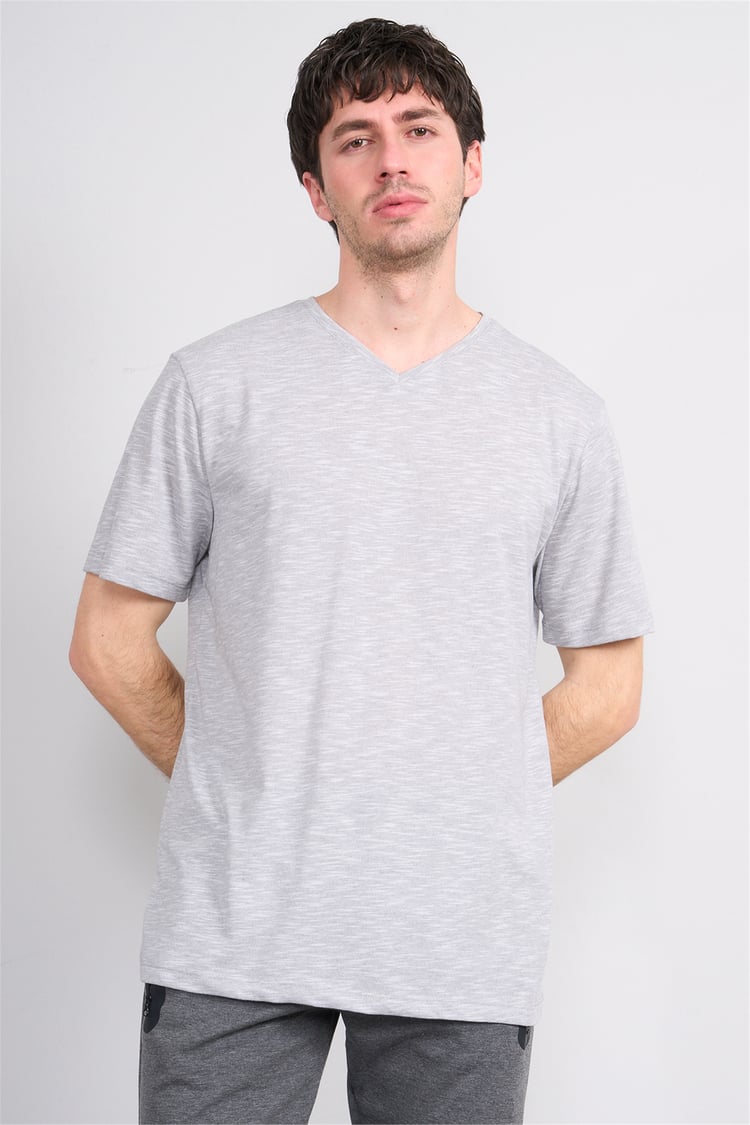 Çetinkaya Mentality 3447 V Yaka Flamlı Sıngle Jersey Regular T-shirt Gri