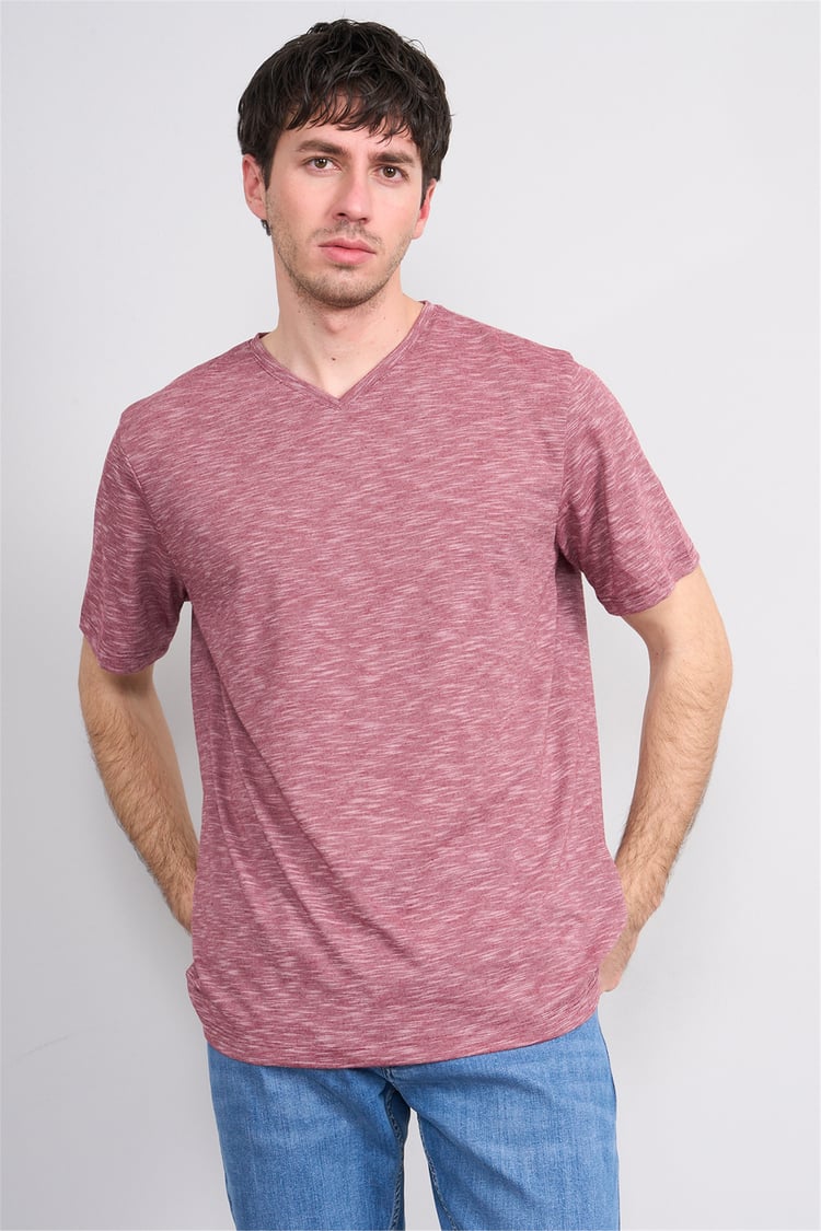 Çetinkaya Mentality 3447 V Yaka Flamlı Sıngle Jersey Regular T-shirt Bordo