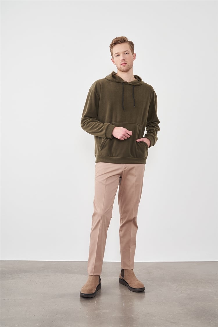 Çetinkaya Mentality 3566 Kapüşonlu Kanguru Cepli Polar Haki Sweatshirt