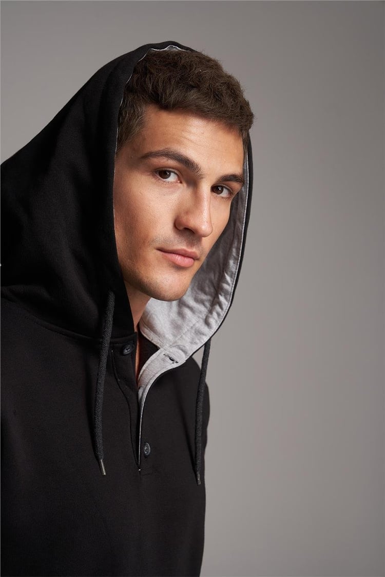 Çetinkaya Mentality 3626 Erkek Düğmeli Kapüşonlu 3 İplik Şardonlu Penye Sweatshirt Siyah