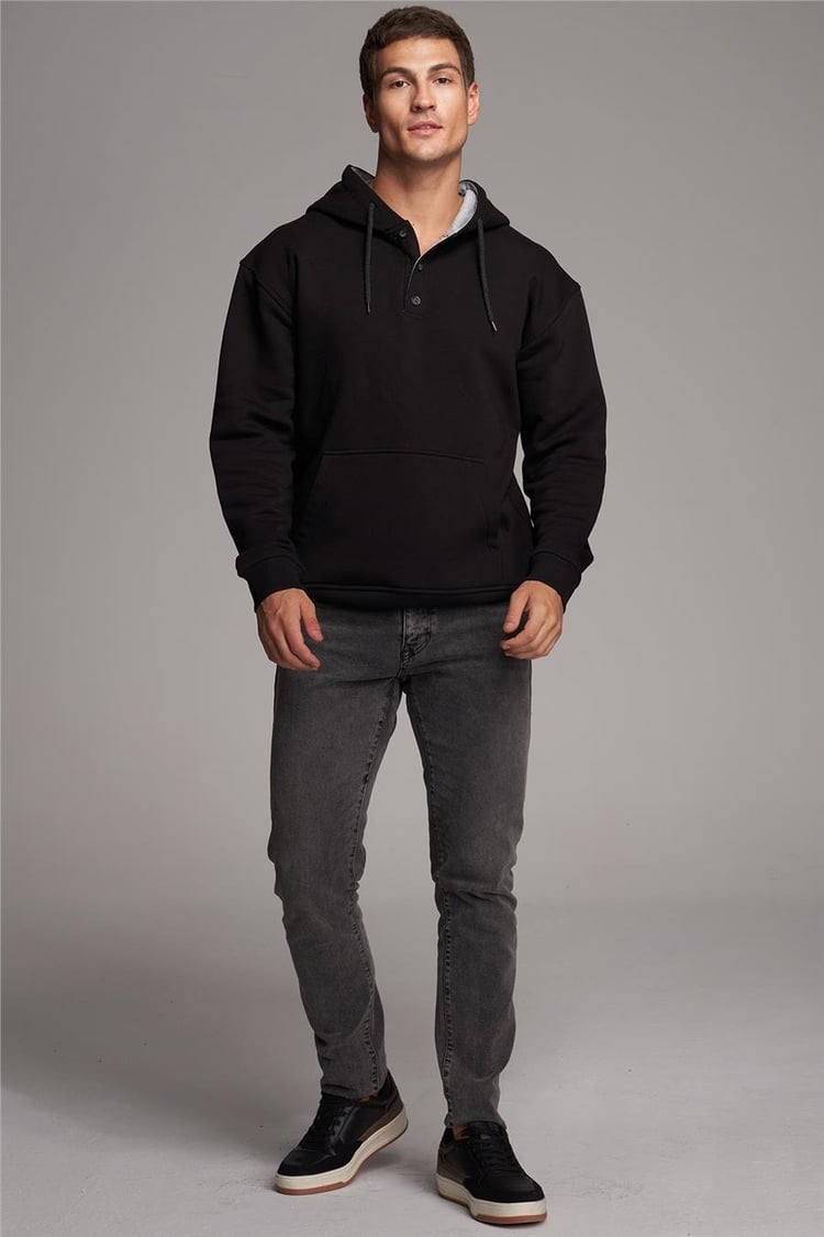 Çetinkaya Mentality 3626 Erkek Düğmeli Kapüşonlu 3 İplik Şardonlu Penye Sweatshirt Siyah