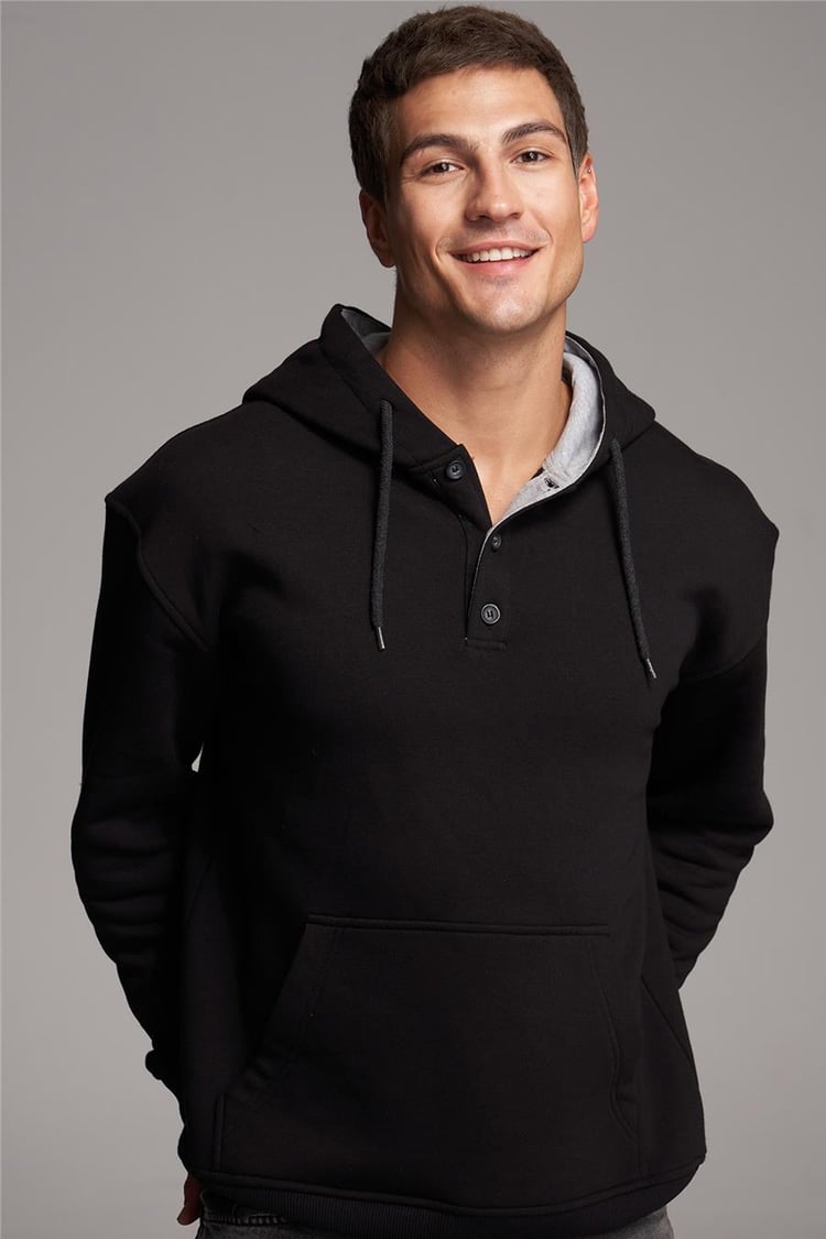 Çetinkaya Mentality 3626 Erkek Düğmeli Kapüşonlu 3 İplik Şardonlu Penye Sweatshirt Siyah