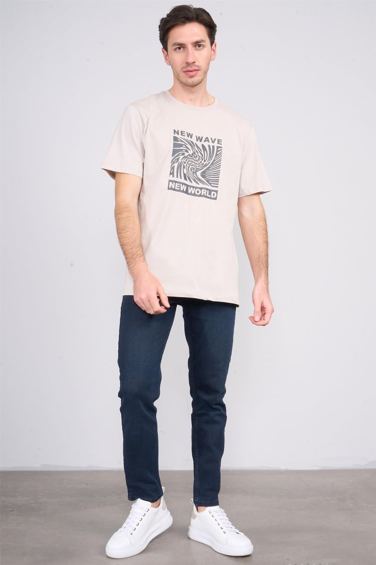 Çetinkaya Mentality 3698 Bisiklet Yaka Penye Regular Baskılı T-shirt Vizon