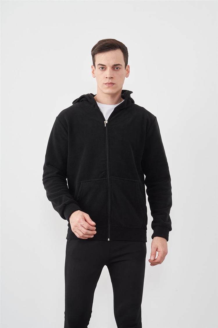 Çetinkaya Mentality 3731 Kapüşonlu Fermuarlı Polar Siyah Sweatshirt