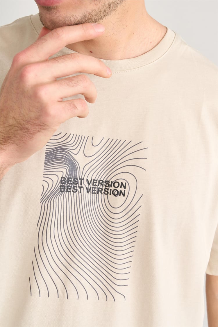 Çetinkaya Mentality 3736 Bisiklet Yaka Penye Regular Baskılı Tshirt Vizon