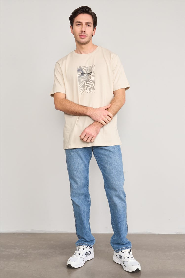 Çetinkaya Mentality 3736 Bisiklet Yaka Penye Regular Baskılı Tshirt Vizon