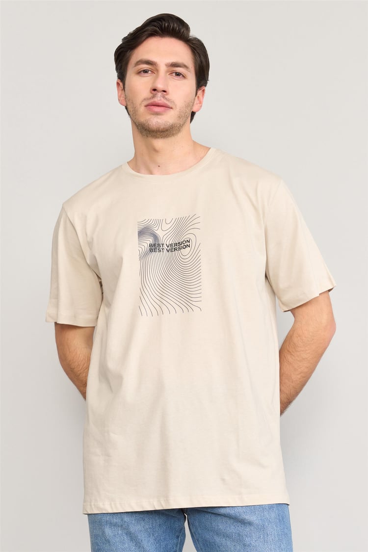 Çetinkaya Mentality 3736 Bisiklet Yaka Penye Regular Baskılı Tshirt Vizon