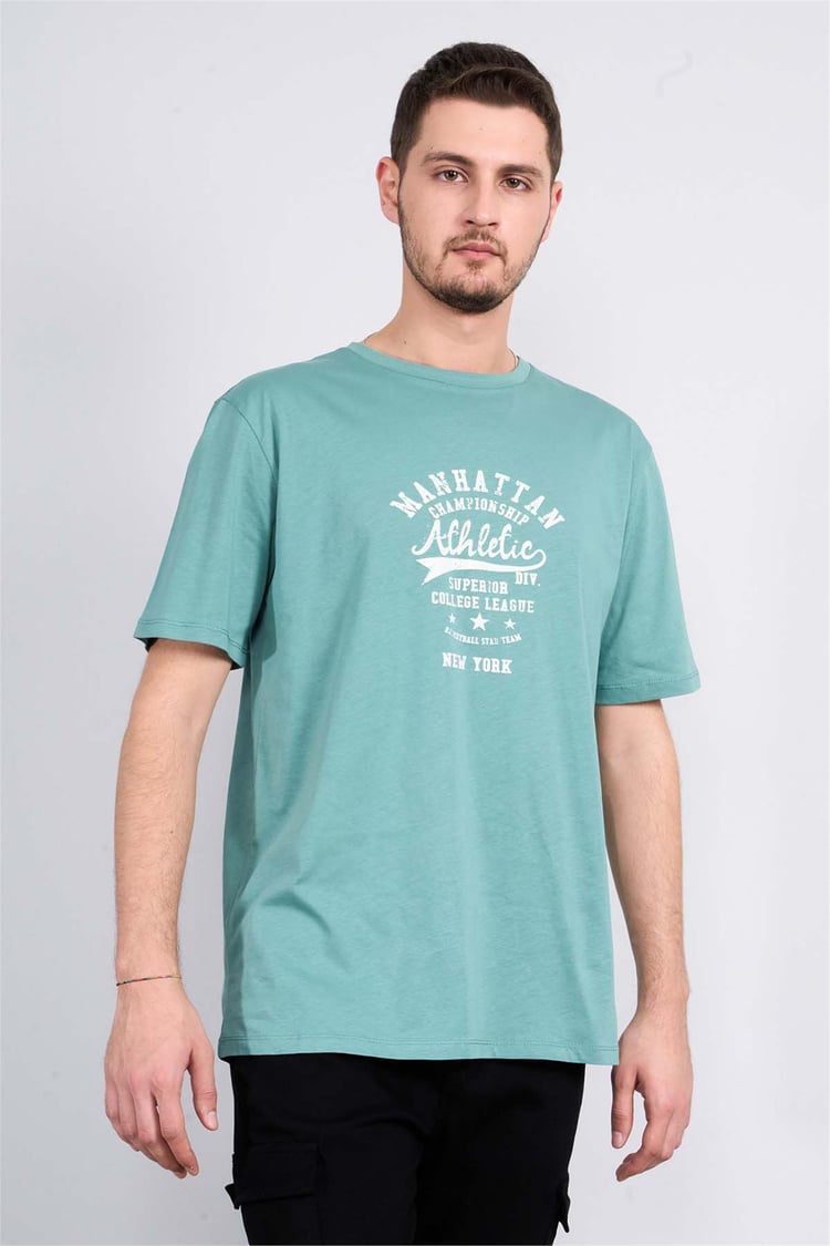 Çetinkaya Mentality 3804 Bisiklet Yaka Penye Regular Baskılı T-shirt Mavi Yeşil