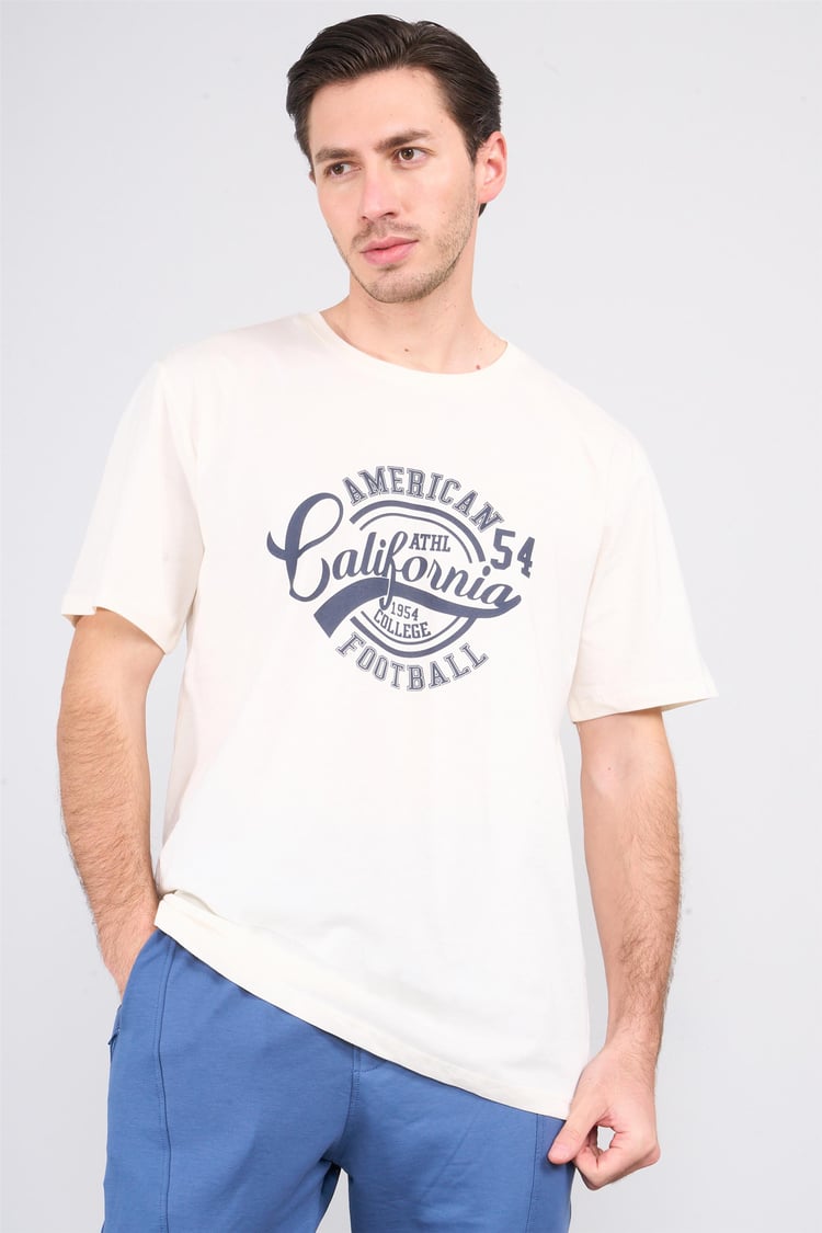 Çetinkaya Mentality 3807 Bisiklet Yaka 30/1 Penye Regular Baskılı T-shirt Koyu Krem