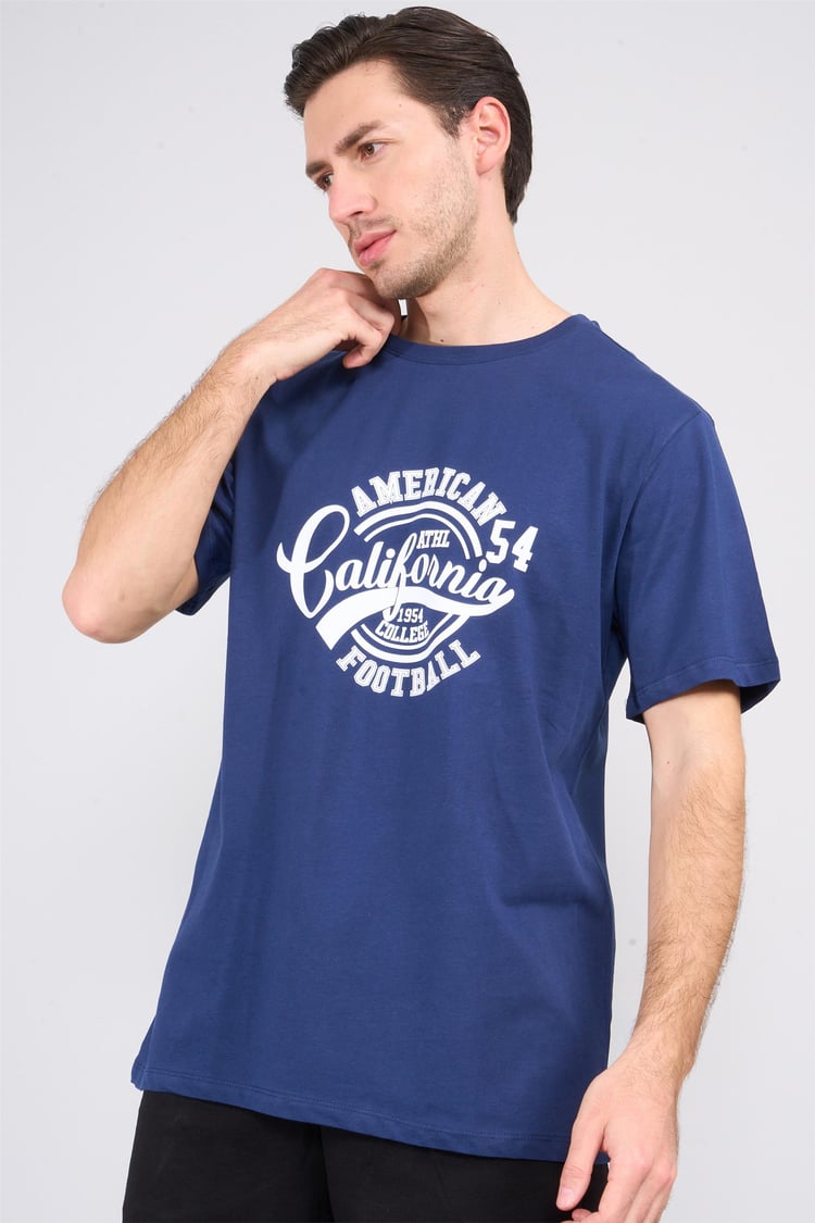 Çetinkaya Mentality 3807 Bisiklet Yaka 30/1 Penye Regular Baskılı T-shirt Lacivert