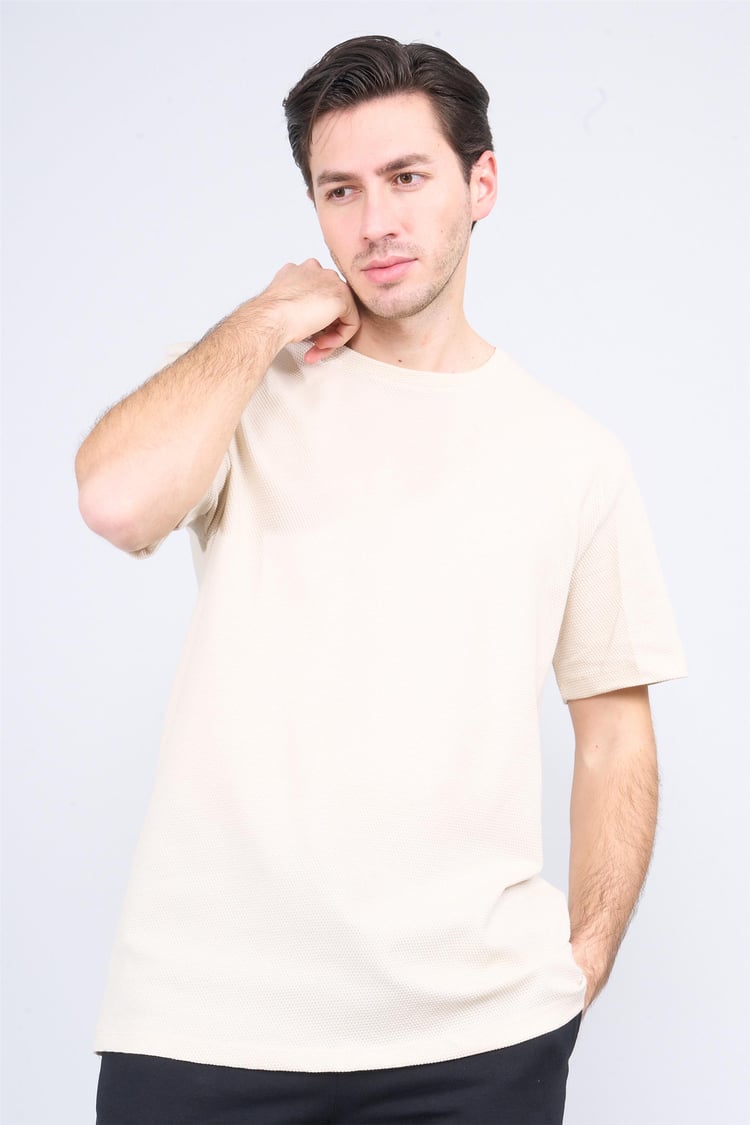 Çetinkaya Mentality 3923 Bisiklet Yaka Petek Örme Regular T-shirt Vizon