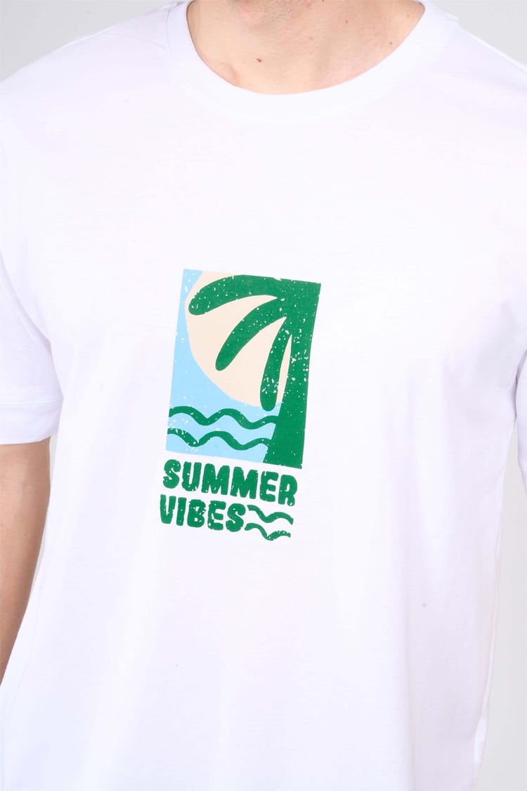 Çetinkaya Mentality 3967 Bisiklet Yaka Penye Regular Baskılı Tshirt Beyaz
