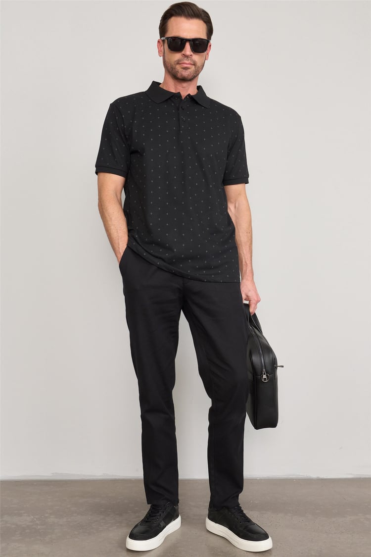 Çetinkaya Mentality 4136 Polo Yaka Rejenere Pike Metraj Baskı Regular T-Shirt Siyah