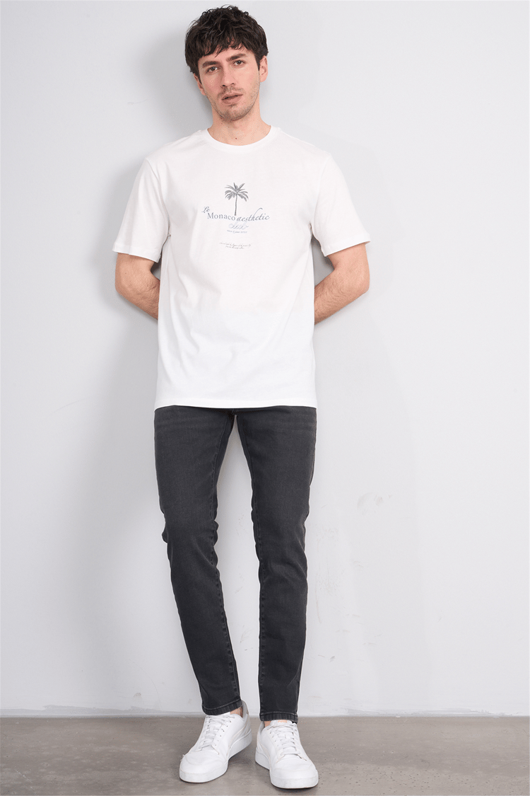 Çetinkaya Mentality 4209 Bisiklet Yaka Regular Baskılı T-shirt Krem