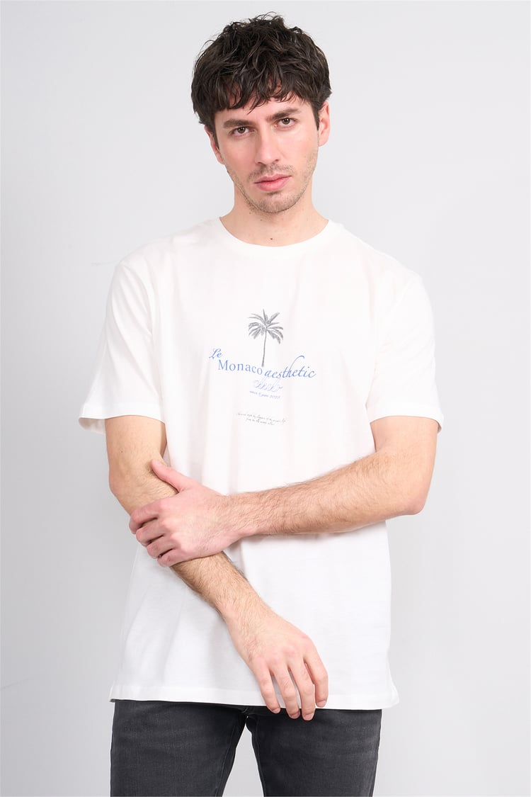 Çetinkaya Mentality 4209 Bisiklet Yaka Regular Baskılı T-shirt Krem