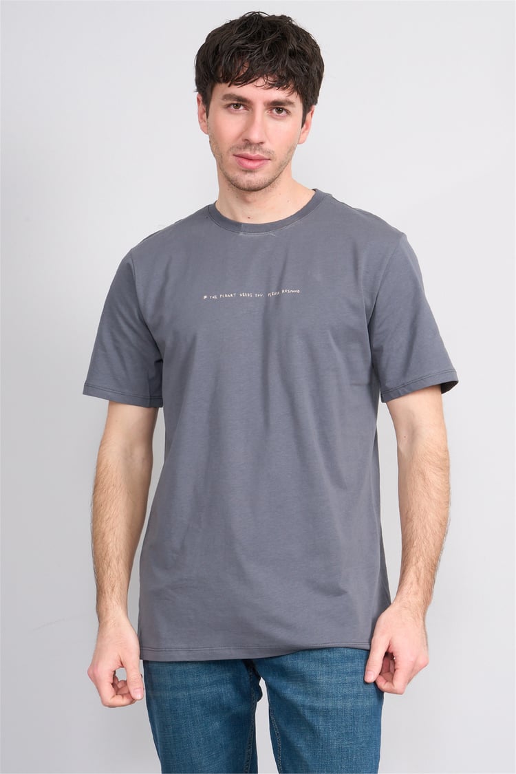 Çetinkaya Mentality 4212 Bisiklet Yaka Regular Baskılı T-shirt Koyu Gri