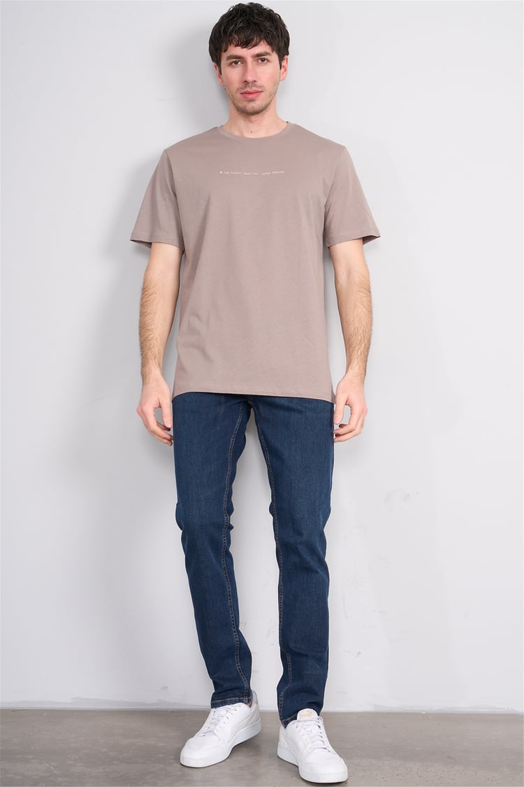 Çetinkaya Mentality 4212 Bisiklet Yaka Regular Baskılı T-shirt Koyu Vizon
