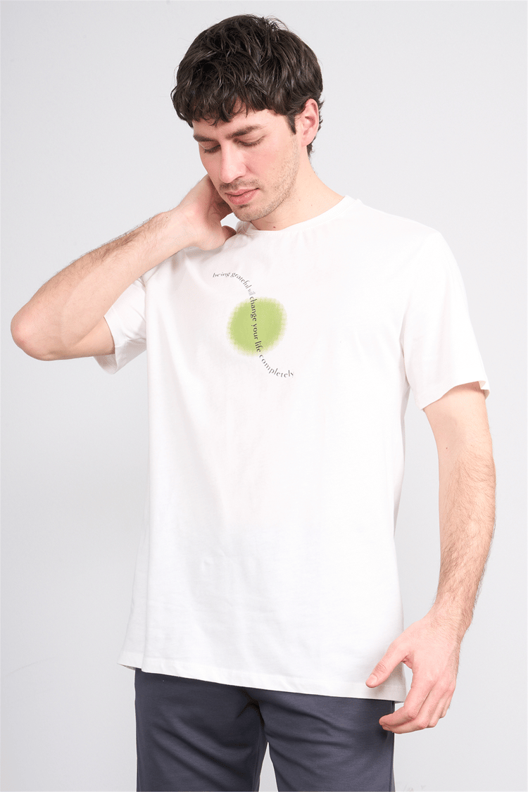 Çetinkaya Mentality 4214 Bisiklet Yaka Regular Baskılı T-shirt Krem