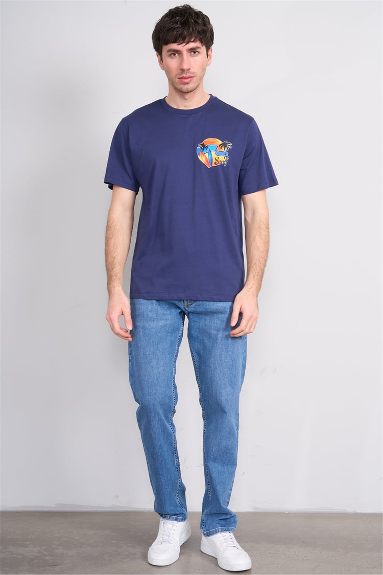 Çetinkaya Mentality 4215 Bisiklet Yaka Regular Baskılı T-shirt Açık Lacivert