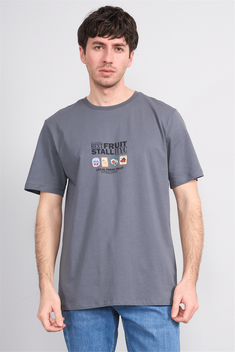 Çetinkaya Mentality 4304 Bisiklet Yaka Regular Baskılı T-shirt Koyu Gri