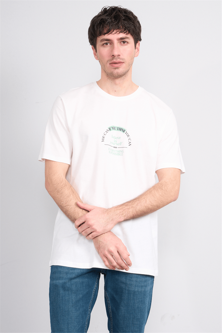 Çetinkaya Mentality 4496 Bisiklet Yaka Regular Baskılı T-shirt Krem