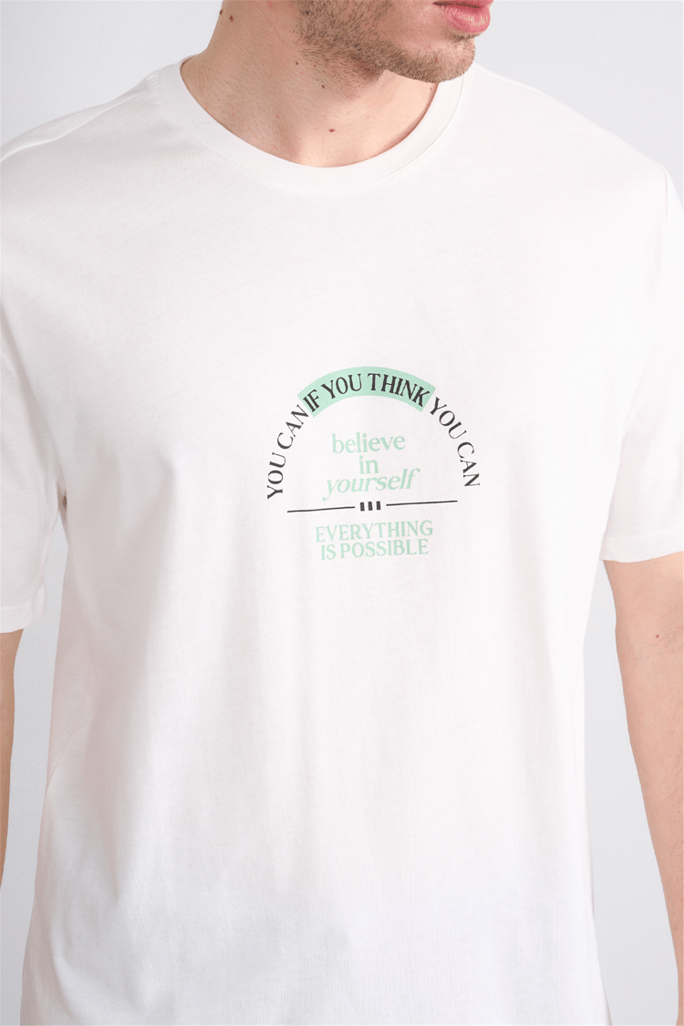 Çetinkaya Mentality 4496 Bisiklet Yaka Regular Baskılı T-shirt Krem